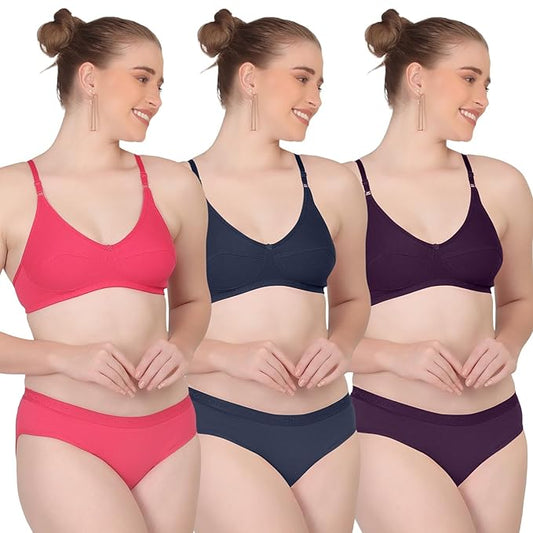 POOJARAGENEE Women Wireless Bra and Panty Set Matching Lingerie Set pack of 3